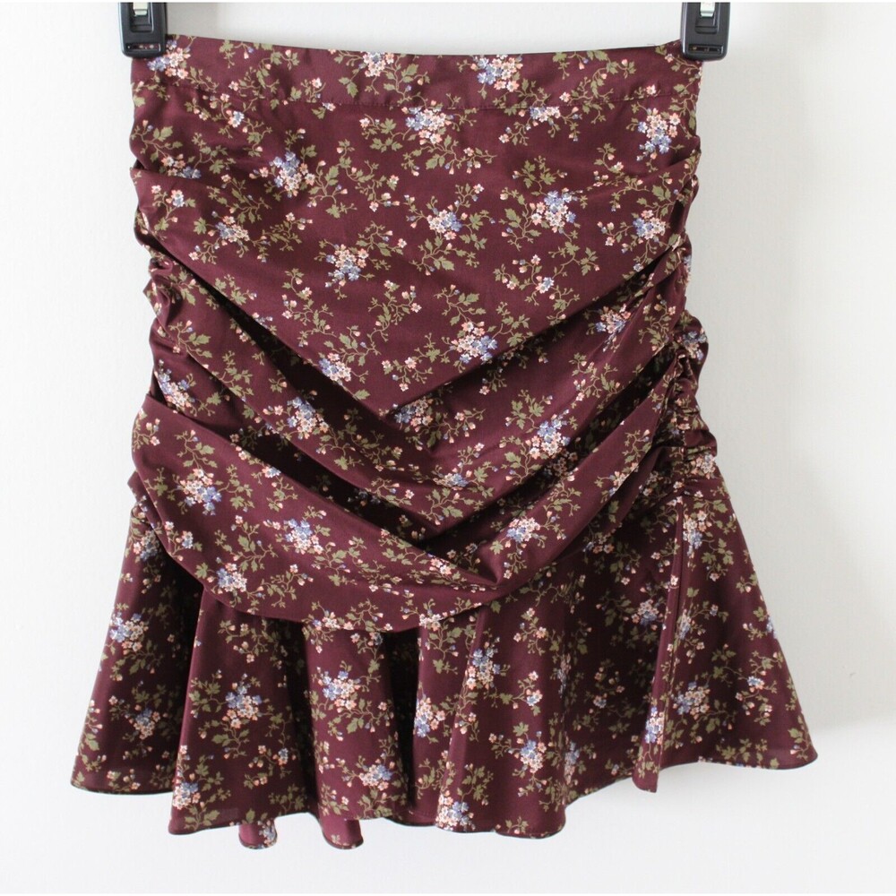 NWT Size 0 Veronica Beard Taras Floral-Print Ruched Silk Mini Skirt Merlot Ruffl